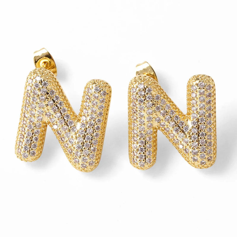 Dainty Crystal Bubble Letter Earrings for Women Copper Gold Plated Initial Ear Studs Name Jewelry Gifts