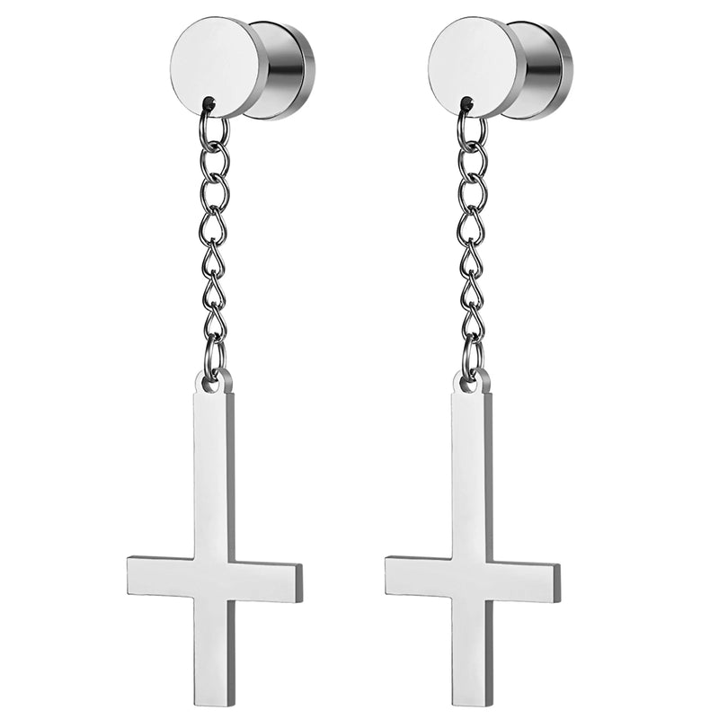 BONISKISS Men Women Stainless Steel Inverted Upside Down Cross Earring Church of Satan Temple Occult Satanic Witchy Stud Jewelry