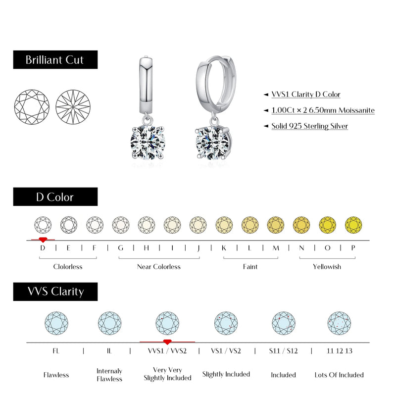 MODIAN 1.0CT D Color Moissanite Hoop Earrings Lab Created Diamond For Women 925 Sterling Silver Wedding Fine Jewelry Gift