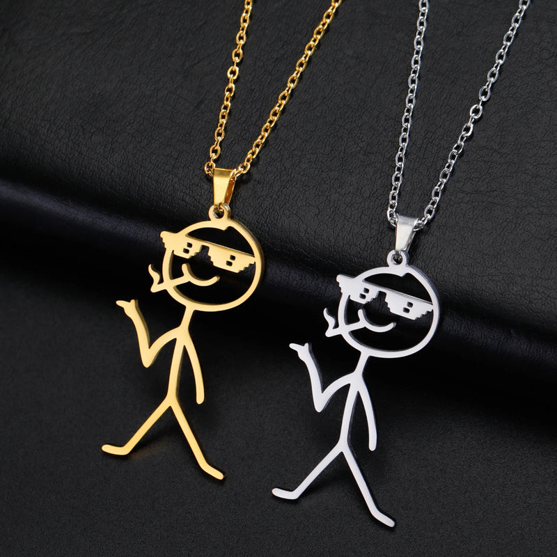 Teamer Hip Hop Middle Finger Stickman Necklace Rock Punk Funny Doodle Pendant Necklace for Women Men Trend Jewelry Gift