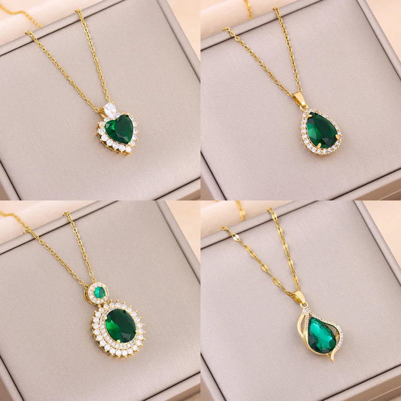 New In Fashion Green Zircon Crystal Pendant Stainless Steel Necklaces For Women Trendy Retro Style Female Clavicle Chain Jewelry