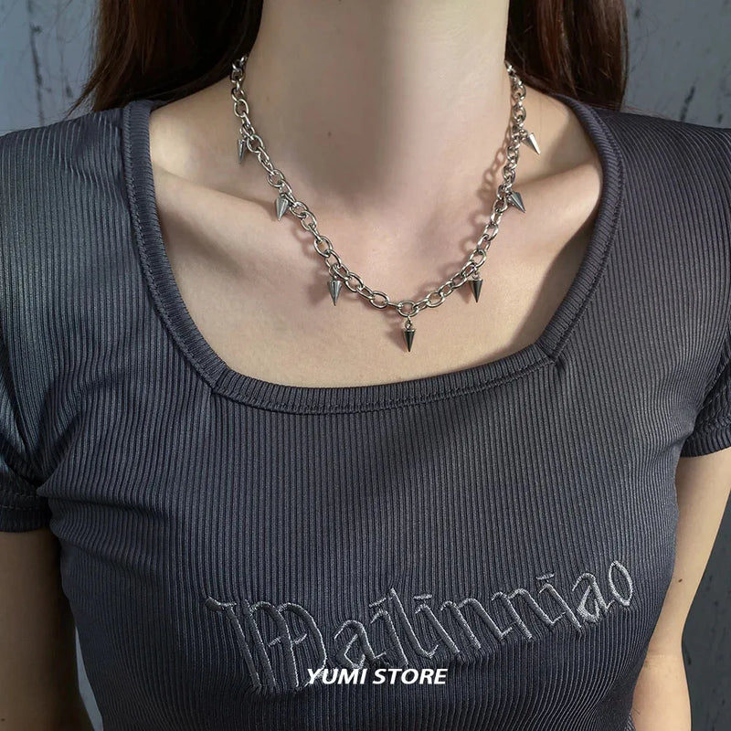 Hip Hop Rivet Necklace For Man Woman Titanium Steel Cone Pendant Sweater Chain Choker Jewelry Punk Male Cool Accessories