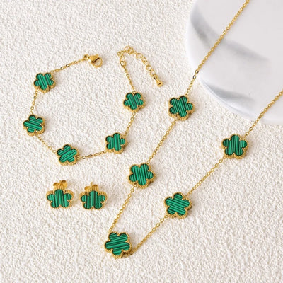 Hot jewelry sales stainless steel five-leaf flower necklace bracelet earrings set high sense women's shamrock jewelry party