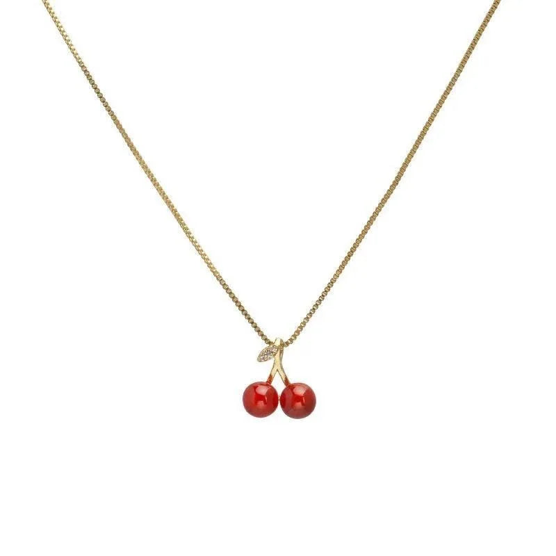 Vintage Stainless Steel Cherry Necklace Natural Stone Beads Pendant Chain Necklace Women&