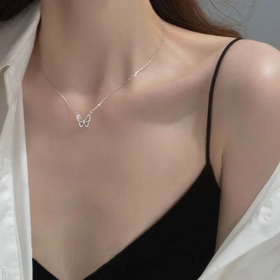 Silver Color Shiny Butterfly Necklace Female Exquisite Double Layer Pendant Clavicle Chain Necklace Wedding Party Jewelry Gifts