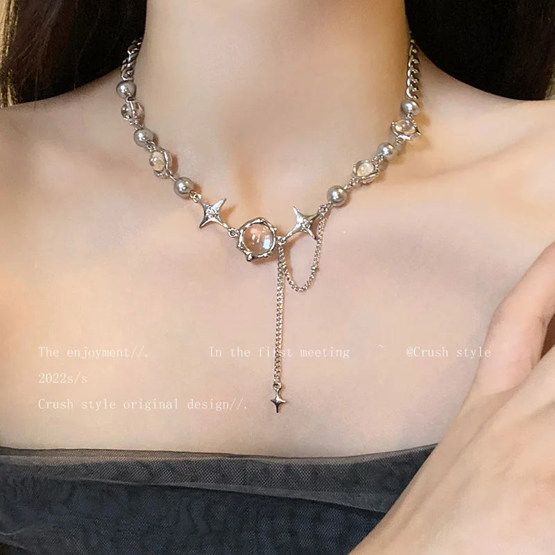 Kpop Fashion Shiny Star Necklace for Women Y2K Crystal Zircon Cross Pendant Necklaces Girls Antique Silver Color Clavicle Chain