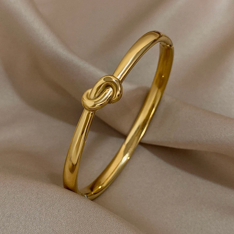 Simple Thin Stainless Steel Knotted Bangle Bracelets for Women Men Unisex Gold Color Cuff Waterproof Stackable Jewelry Gifts