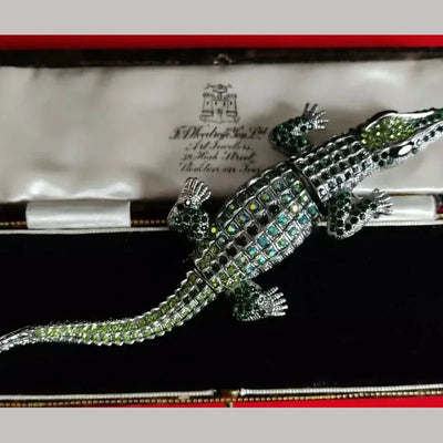 Vintage Art Deco Style Green Crystal Large Crocodile Brooch Pendant Jewellery