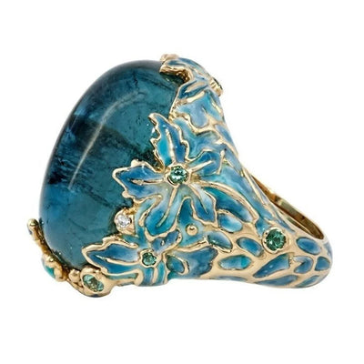 Elegant Women Fashion Gold Color Carving Enamel Flower Rings for Women Creativity Inlaid Blue Stone Engagement Ring Jewelry