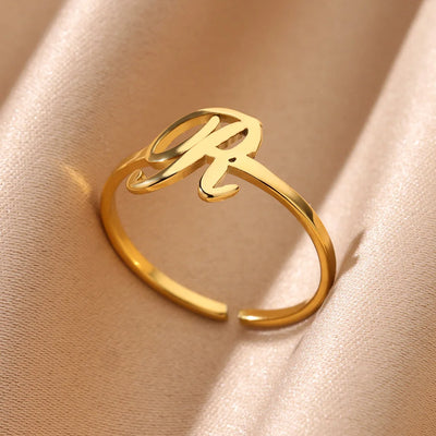 Initial Letter Rings For Women Gold Color Stainless Steel  A-Z Letter Adjustable Ring Aesthetic Wedding Christmas Jewelry Gift