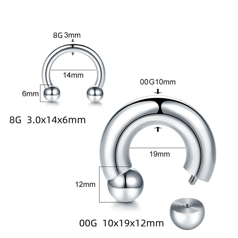 1pcs Stainless Steel Large Gauge Horseshoe Ring 18G-00G Externally Threaded Nose Hoop Septum Piercing Body Jewelry