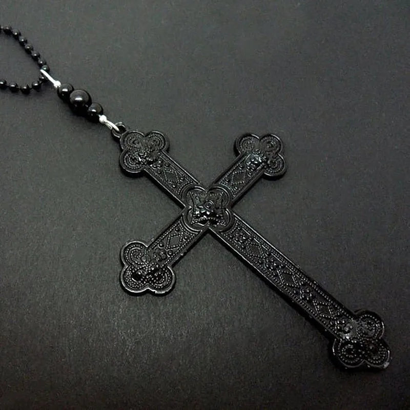 Black cross necklace, Gothic jewelry, Black bead chain, Death carving, Alternative accessories, Women Man, Pagan, Witch, beaded