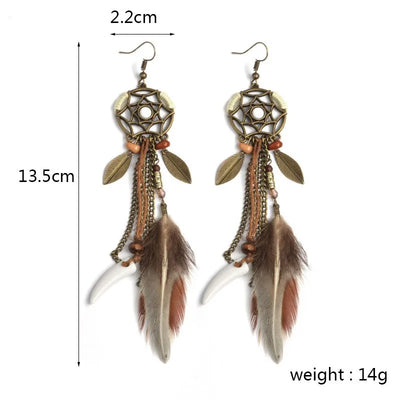 Boho Tribal Ethnic Vintage Dream Catcher Feather Leaf Long Tassel Dangling Earrings Women Vacation Jewelry