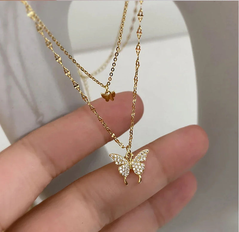 SUMENG 2024 Simple Double Layer Star Moon Charm  Multilayered Necklace Delicate Clavicle Chain Zircon For Women Fashion Jewelry