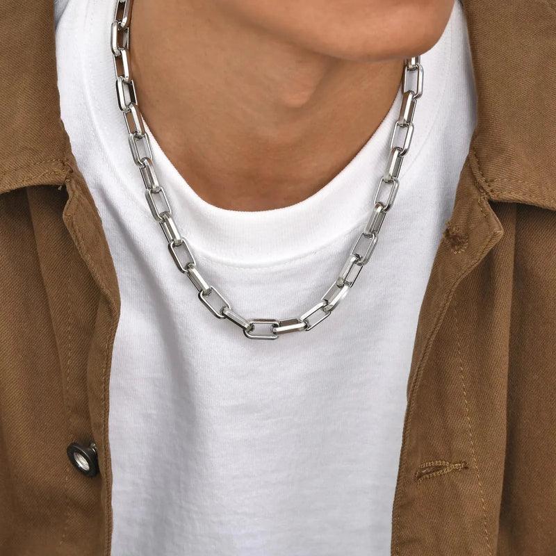 Chunky Rectangle Chain Necklaces for Men Boys,50/55/60 cm Stainless Steel Square Chain Collar,Cool Punk Jewelry Gifts