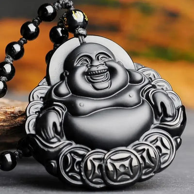 Retro Natural Obsidian Maitreya Buddha Pendant Beaded Necklace for Men and Women Buddhist Buddha Statue Amulet Jewelry