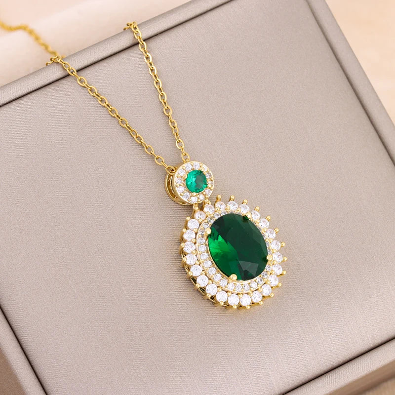 New In Fashion Green Zircon Crystal Pendant Stainless Steel Necklaces For Women Trendy Retro Style Female Clavicle Chain Jewelry