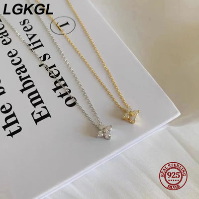 LGKGL S925 Sterling Silver Plated 18K Gold Set Zircon Necklace Female Sparkling Diamond Four Leaf Grass Versatile Collar Chain