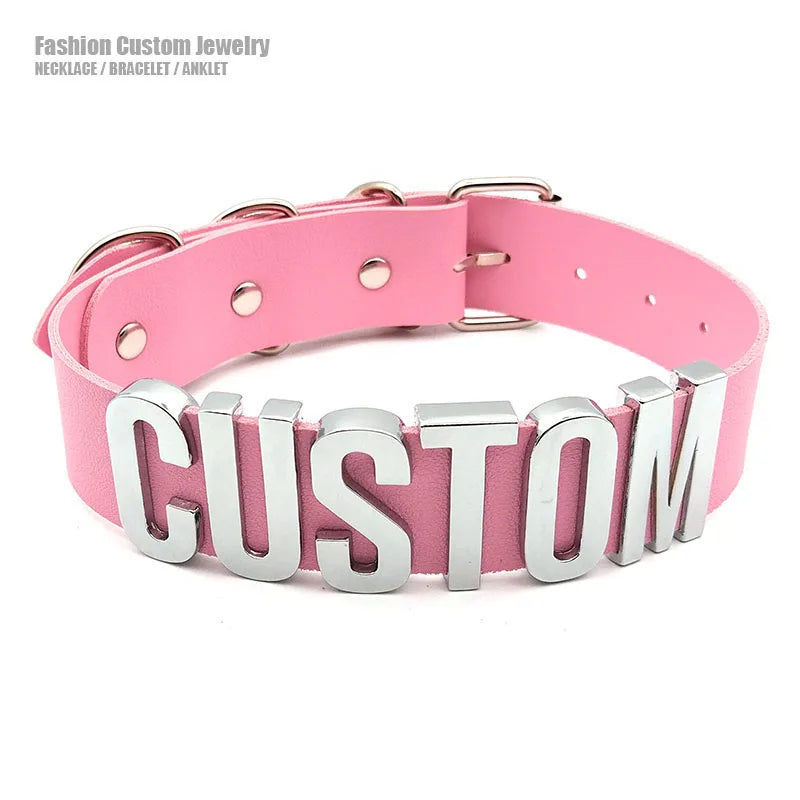 Sexy Pink Leather Customized Letters Collars Choker Necklace Punk Personalized Name Buckle Chocker Jewelry Cosplay Party Gift