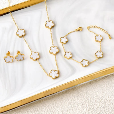 Hot jewelry sales stainless steel five-leaf flower necklace bracelet earrings set high sense women's shamrock jewelry party