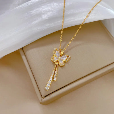 Exquisite Micro Inlaid Zircon Butterfly Tassel Necklace For Women Stainless Steel Moon Butterfly Flower Clavicle Choker Jewelry