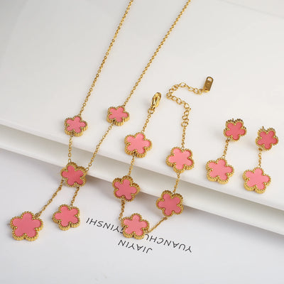 Gold Plated Lucky Stainless Steel Five Leaf Flower 3PCS Jewelry Set Bracelet Necklace Earrings for Women Party Jewelry Clover