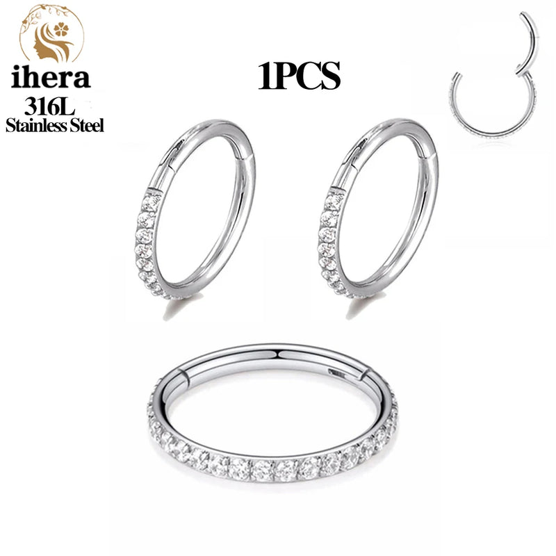 1/10/50PCS Stainless Steel Zircon Hinged Segment Nose Septum Clicker Ring Round Earrings Hoops Ear Tragus Helix Piercing Jewelry