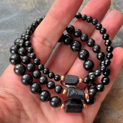 Ruberthen 4/6/8 MM Natural Shungite with Raw Black Tourmaline Gemstone Beaded Bracelet Negative Energy Chakra Wrist Mala Jewelry