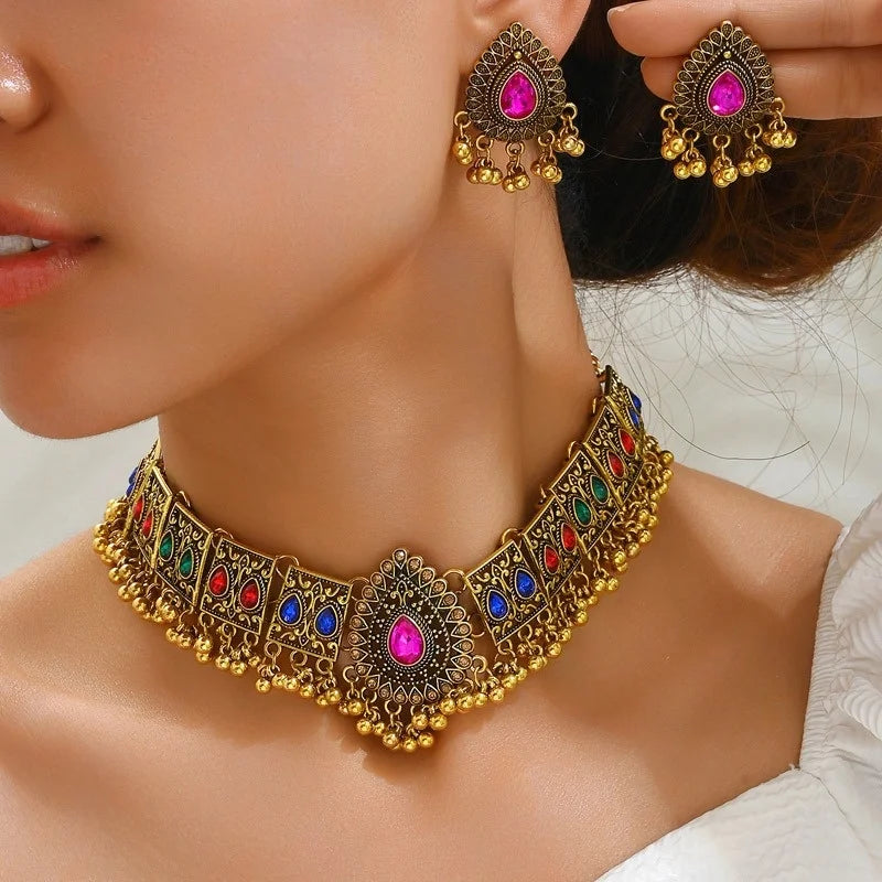 New Fashion Indian Bollywood Traditional Crystal Wedding Temple Choker Necklace Earrings Jewelry Set