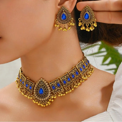 New Fashion Indian Bollywood Traditional Crystal Wedding Temple Choker Necklace Earrings Jewelry Set