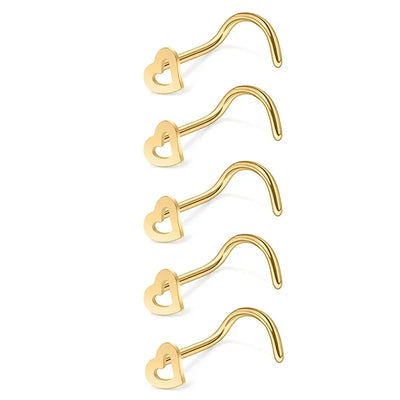 5pcs Fashion Hollow Heart Stainless Steel Nose Stud Set for Women,Nostril Piercing Nariz Pin Screw Body Jewelry