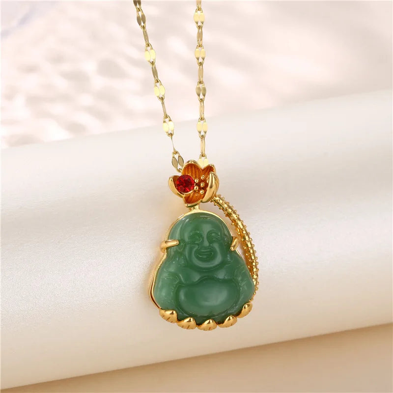 New In Fashion Green Zircon Crystal Pendant Stainless Steel Necklaces For Women Trendy Retro Style Female Clavicle Chain Jewelry