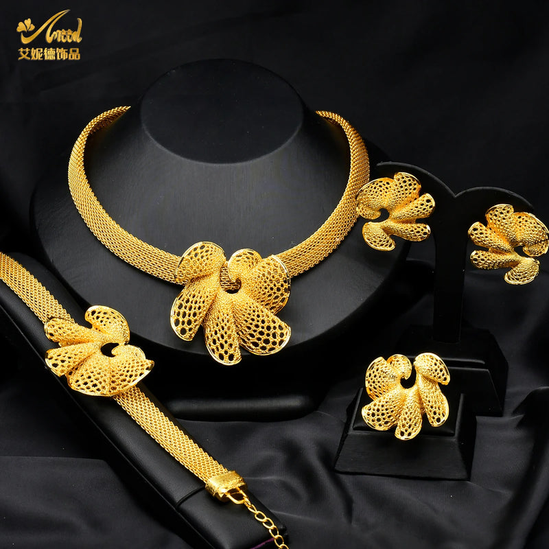 ANIID African Gold Color Jewelry Set For Women Indian Choker Necklace Earring Nigerian 24K Gold Plated Jewellery Dubai Wedding