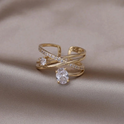 Korea's new fashion jewelry 14K gold plated simple double love crystal ring elegant women's daily opening ring accessories