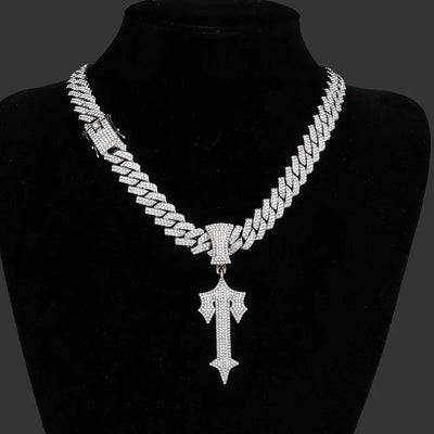 Men's Women Hip Hop Letter Iced Out Cross Sword Necklaces 13mm Width Rhombus Cuban Chains HipHop Pendant Necklace Charm Jewelry