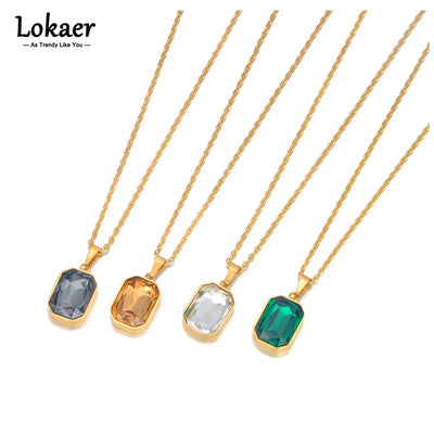 Lokaer Sparkling Stainless Steel Geometric Square Cubic Zirconia Crystal Pendant Necklace Jewelry For Women Free Shipping N23076