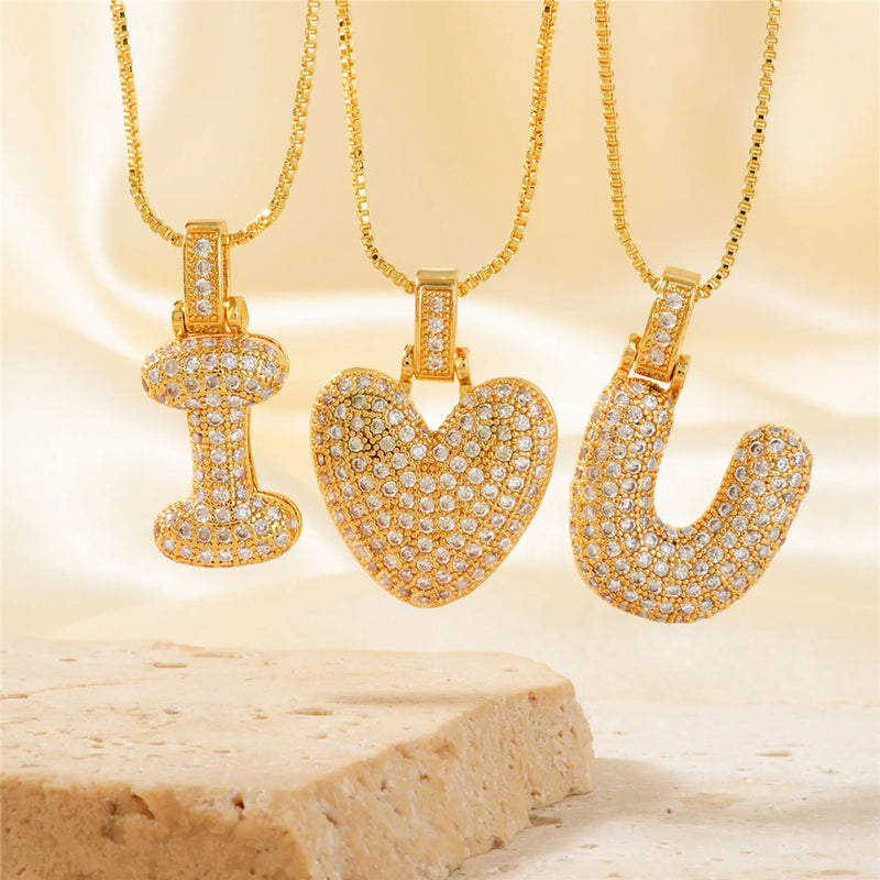 Fashion CZ Zircon Bubble Chunky Initial Letter Pendant Necklace Women Gold Plated Fat A-Z Alphabet Choker Necklace Party Jewelry