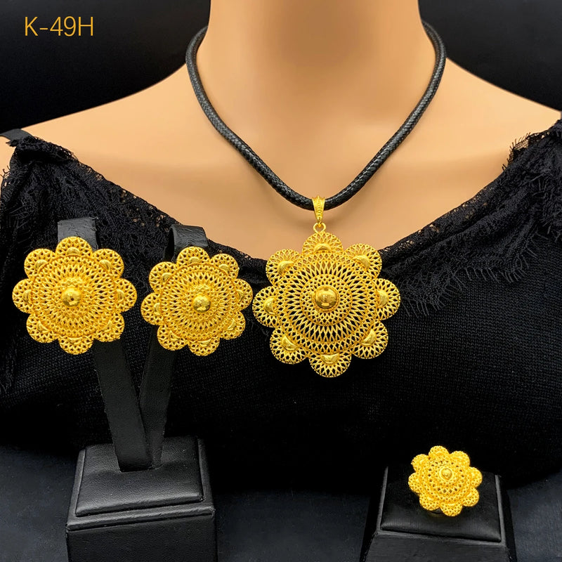 Ethiopian Black Rope Necklace Earrings Jewelry Set For Women 24K Gold Plated Dubai Indian African Bridal Wedding Party Jewellery