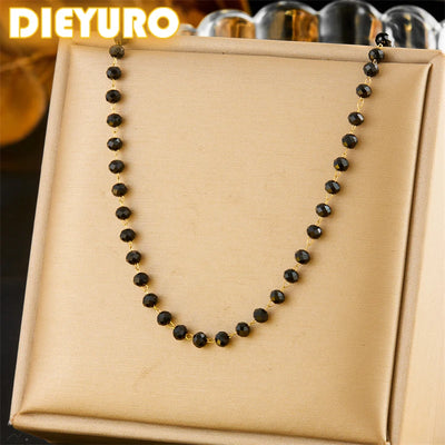 DIEYURO 316L Stainless Steel Simplicity Black Glass Stone Beading Necklace Women Design Sense New Trend neck Jewelry Gift Party