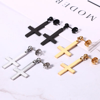 BONISKISS Men Women Stainless Steel Inverted Upside Down Cross Earring Church of Satan Temple Occult Satanic Witchy Stud Jewelry