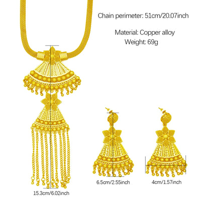 Dubai Indian African Tassel Necklace Earrings Jewelry Set For Women 24K Gold Plated Nigeria Bridal Wedding Party Gift Jewellery