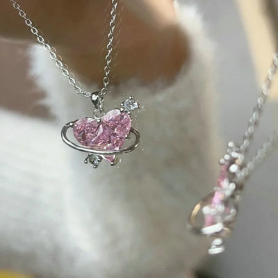 Fashion Pink Planet Heart Zircon Necklace Women Charm Aesthetic Clavicle Chain Necklace Valentines Day Gift Party Jewelry