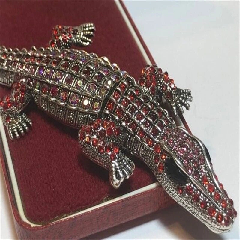 Vintage Art Deco Style Red Crystal Large Crocodile Brooch / Pendant Jewellery