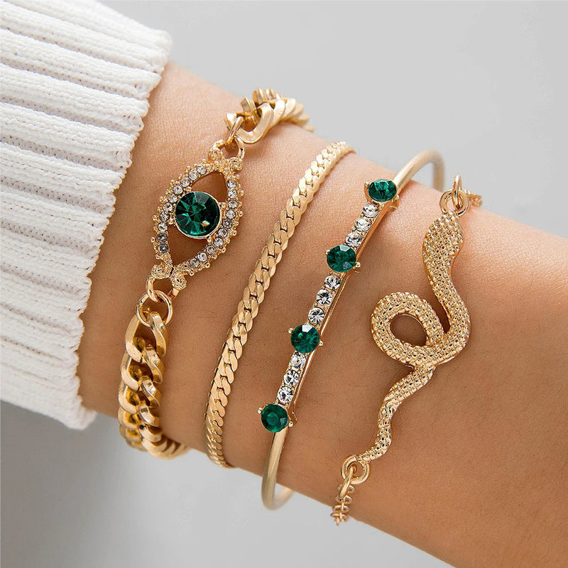 4PCS/Set Fashionable Snake Imitation Gemstone Bangle Rhinestone Full Metal Bracelet Set for Women&