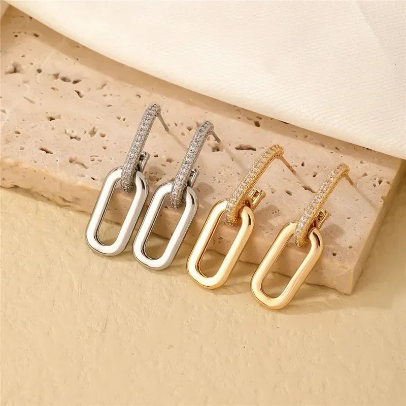 Retro Double Loop Design Drop Earrings Gold Color Geometric Round Hoop Earrings for Women Girls Punk Hip Hop Fashion Jewelry