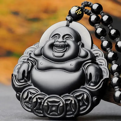 Retro Natural Obsidian Maitreya Buddha Pendant Beaded Necklace for Men and Women Buddhist Buddha Statue Amulet Jewelry