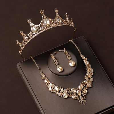 Luxury Silver Color Crystal Water Drop Bridal Jewelry Sets Rhinestone Tiaras Crown Necklace Earrings Wedding Dubai Jewelry Set