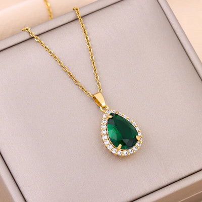 New In Fashion Green Zircon Crystal Pendant Stainless Steel Necklaces For Women Trendy Retro Style Female Clavicle Chain Jewelry