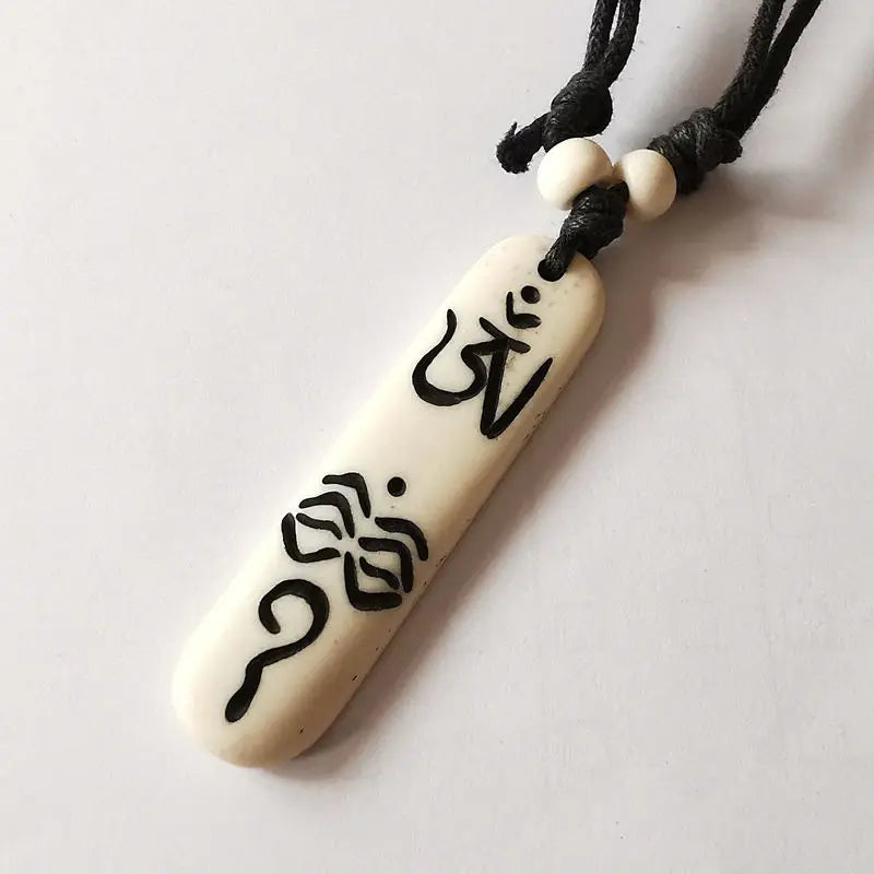 TNL353 Tibetan Yak Bone Carved Mantras Amulets Long Bar Pendant Necklace OM MANI PADME HUM Buddha Eye