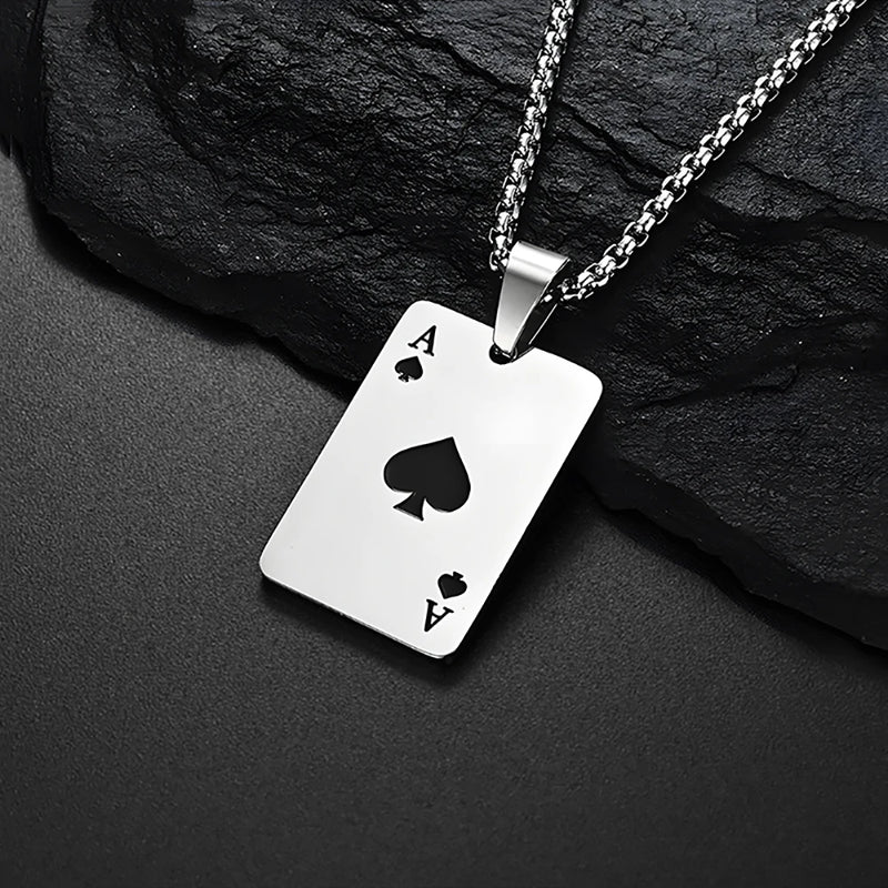 New Hip Hop Stainless Steel Poker Card Ace of Spades Necklace For Women Men Pendant Chain Playing Cards Jewelry Ace of Hearts